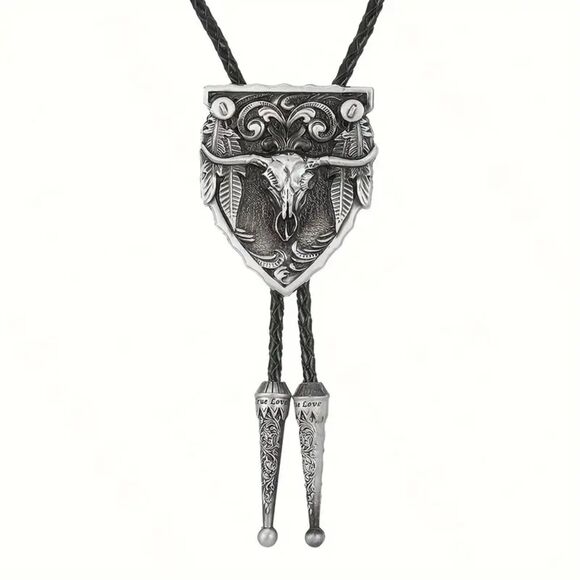 Silver Texas Western Cowboy Bull Skull Bolo Tie – Braided Cord - Picture 1 of 2